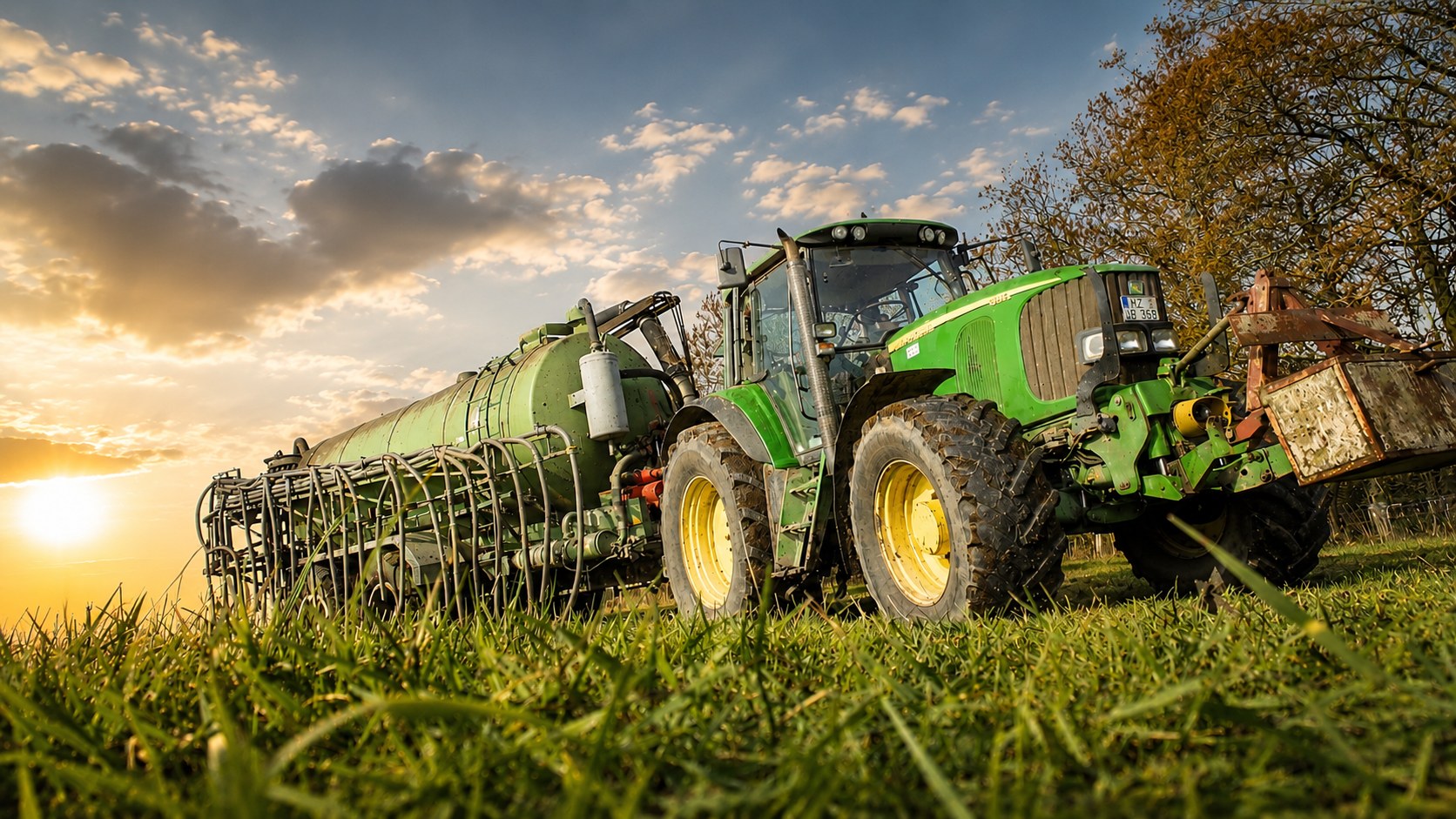 Traktor mit 16,5 m³ Güllewagen und Schleppschlauchgestänge von Struve Lohnunternehmen